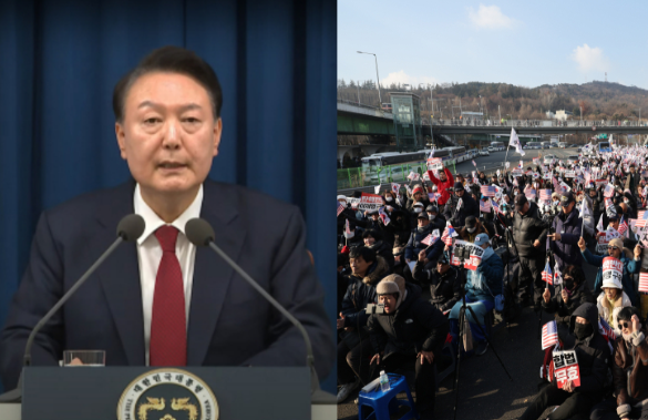 윤석열 대통령(왼쪽)·1일 오후 서울 용산구 한남동 대통령 관저 인근에서 윤석열 대통령 탄핵 반대 집회가 열리고 있다. 연합뉴스