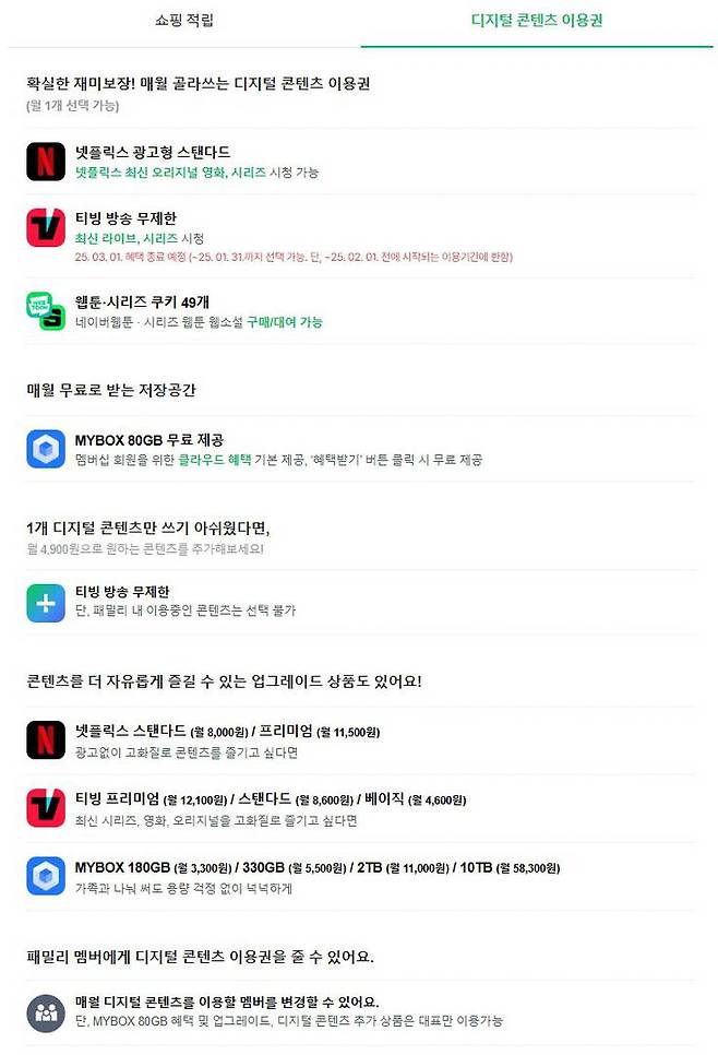 네이버플러스 멤버십을 위한 디지털 콘텐츠 이용권은 선택지가 넓은 편은 아니다 / 출처=IT동아