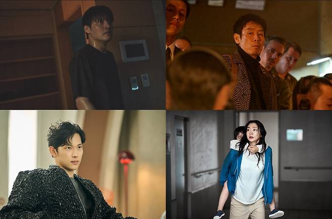 영화 ‘84제곱미터’, ‘굿뉴스’, ‘대홍수’, ‘사마귀’ 스틸 (왼쪽 위부터 시계방향, 사진=넷플릭스 제공)