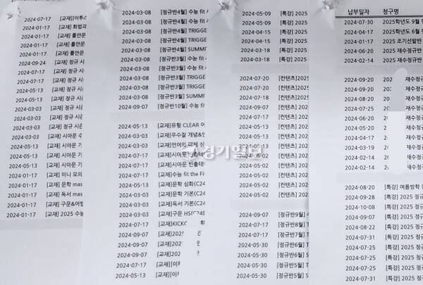 재수종합학원 수강생 학부모가 공개한 납부내역. 독자 제공