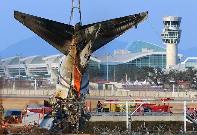 제주항공 여객기 참사 6일째인 3일 오후 전남 무안국제공항 사고 현장에서 동체의 꼬리날개 부분 인양 작업이 진행되고 있다. [연합]