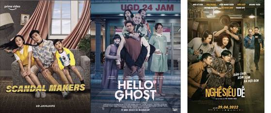 인도네시아에선 2023년 ‘과속스캔들’(왼쪽부터) ‘헬로 고스트’ 등 한국영화 현지 리메이크작이 잇따랐다. 세번째 사진은 ‘극한직업’(2019)의 베트남판 ‘극이직업’(2022) 포스터. 원작의 치킨집 설정을 현지 국민음식 껌떰(밥에 구운 돼지고기, 야채, 달걀 프라이 등을 곁들인 음식) 가게로 바꿔 흥행을 거뒀다. 사진 각 영화사