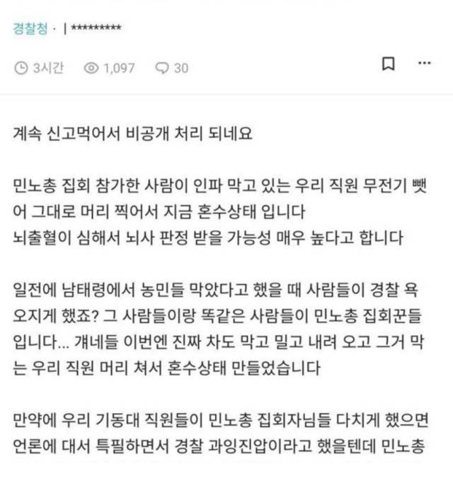 민주노총 조합원이 경찰관을 폭행해 혼수상태로 만들었다는 허위 글이 블라인드에 올라왔다. 사진제공=민주노총