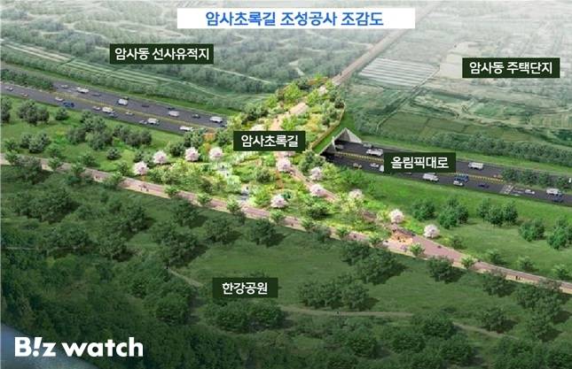 강동구는 한강 수변공간과 선사유적지를 연결하는 암사초록길 조성공사를 실시했다. 현재 공사 막바지다. /자료=강동구