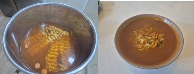 일반 삼양라면의 국물(왼쪽)과 마라스톡을 넣은 후의 국물(오른쪽). 삼양라면의 순한 맛이 얼큰한 마라맛으로 바뀌었다./사진=김아름 기자 armijjang@