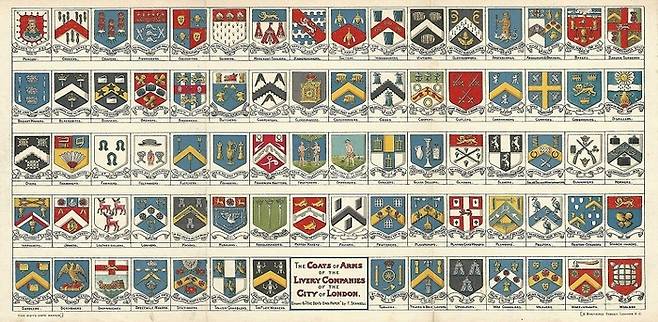 “우리 힘을 합쳐야 정치에 대항할 수 있어.” 잉글랜드 회사의 문장을 모아놓은 1900년 그림.