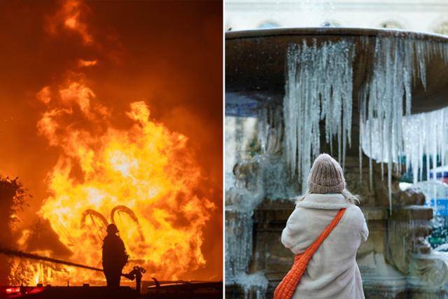 미국에서 대형 산불과 북극한파, 눈보라 등 각종 재난이 동시다발적으로 발생하고 있는 가운데 8일 캘리포니아주 로스앤젤레스에 역사상 최악의 산불이 발생해 소방대원이 진화작업을 하고 있다(왼쪽 사진). 같은 날 뉴욕의 브라이언트 공원에서 한 시민이 꽁꽁 얼어붙은 분수대를 촬영하고 있다. 로스앤젤레스·뉴욕=AFP 연합뉴스