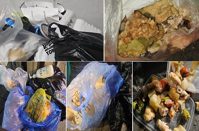 서울형 가로 쓰레기통 5개소에서 나온 쓰레기. 김광우 기자.