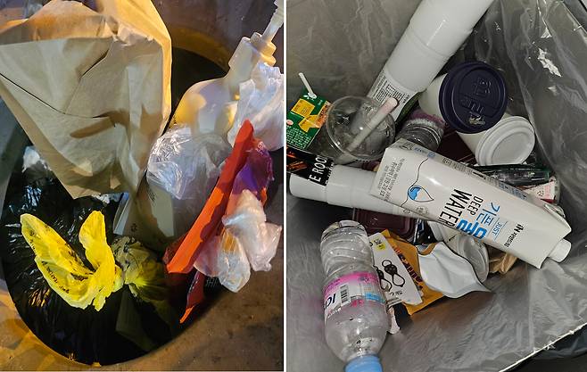 서울 종로구에 위치한 쓰레기통 내부. 서울형 가로 쓰레기통(왼쪽)이 각종 혼합 쓰레기물로 가득한 반면, 기존 쓰레기통(오른쪽)은 비교적 재활용이 원활히 돼 있다.