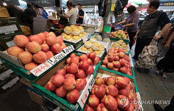 추석 앞두고 작년보다 저렴해진 사과·배 가격 (서울=연합뉴스) 김인철 기자 = 추석 명절을 앞두고 추석 20대 성수품 중 대표적으로 사과와 배, 한우 가격은 내렸지만 조기와 배추, 무 등의 품목은 오른 것으로 나타난 8일 서울 시내의 한 전통시장에 사과와 배가 진열돼 있다. 2024.9.8 yatoya@yna.co.kr