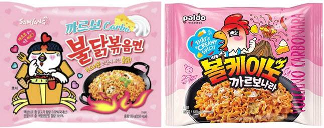 (좌) 삼양식품 까르보 불닭볶음면, (우) 팔도 볼케이노 까르보나라 제품의 모습 (사진=각사)