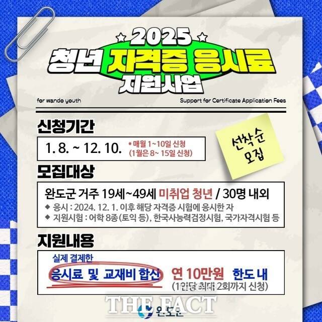 완도군은 청년 구직자들의 자립 기반 형성 및 취업 능력 향상을 위한 '2025년 청년 자격증 응시료 지원 사업'을 추진한다. 사진은 완도군 청년 자격증 응시료 지원 사업 안내문. /완도군