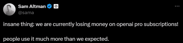 샘알트먼 대표가 X에서 오픈AI가 '챗GPT' 프로로 손해를 보고 있다고 밝혔다. (사진=X)
