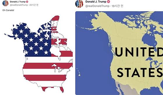 도널드 트럼프 미국 대통령 당선인은 8일 SNS에 북아메리카 전체를 미 영토로 표기한 지도를 올렸다. [사진 SNS 캡처]