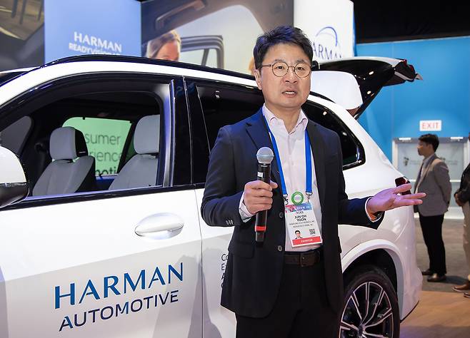 Yoon Juno, vice president of the Harman Business Team at Harman, speaks during a press event at CES 2025 in Las Vegas on Wednesday. (Samsung Electronics)