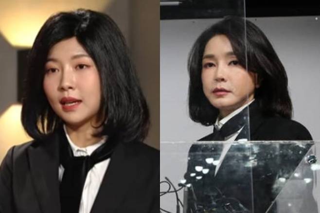 배우 주현영(28·왼쪽)이 예능프로그램 'SNL코리아'에서 김건희 여사를 패러디했다가 하차하게 됐다는 루머에 대해 사실과 다르다고 밝혔다.  /사진=SNL코리아 캡처, 뉴시스