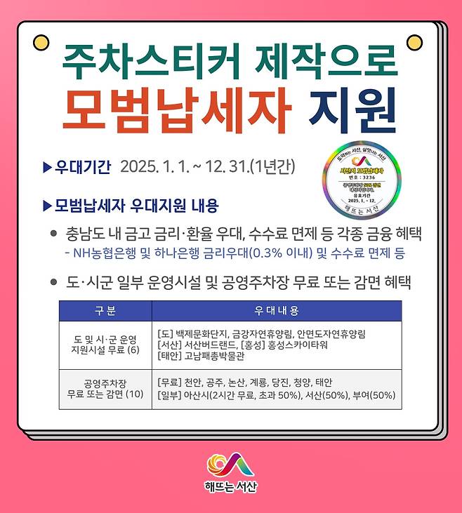 서산시, 모범납세자 차량스티커 제작 [서산시 제공. 재판매 및 DB 금지]
