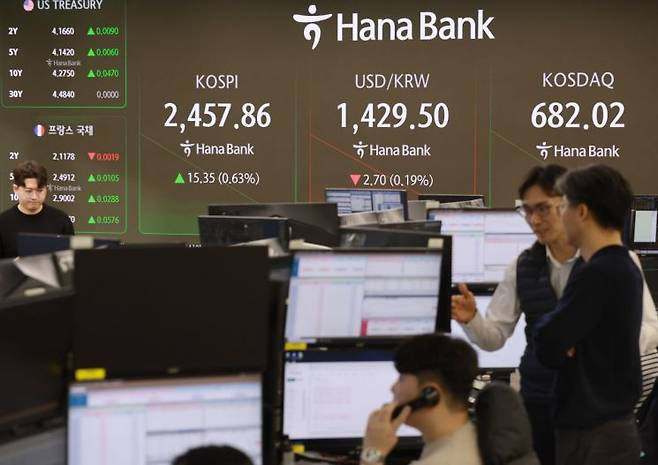 서울 을지로 하나은행 딜링룸 전광판에 국내외 각종 지수들이 표시되고 있다. 사진은 기사의 특정 내용과 관련 없음. 허영한 기자