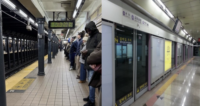 [뉴욕 지하철 모습(왼쪽)과 서울 지하철(오른쪽) 모습. 엑스 캡처]