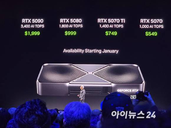6일 오후(현지시각) 미국 라스베이거스 만달레이 베이 호텔에서 열린 엔비디아 CES 키노트에서 젠슨 황 엔비디아 최고경영자(CEO)가 RTX 5090 등 제품을 소개하고 있다. [사진=안세준 기자]