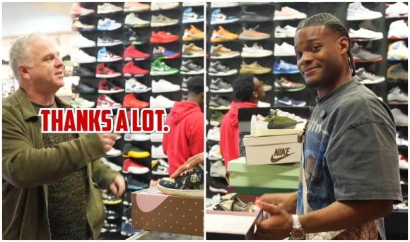 최근 미국 펜실베이니아주 필라델피아에 있는 스니커즈·스트릿웨어 리셀 매장 컬처킥스에서 한 나이든 남성 고객이 “아들이 당첨됐다”며 리셀가 150만원짜리 스캇 덩크 운동화를 업체 측에 현금가 15만원에 팔고 나서 “정말 고맙다”라고 말하고 있다(왼쪽). 이 고객이 매장에서 나가자 매장 직원은 카메라를 보고 미소를 짓고 있다. / 출처=컬처킥스 틱톡