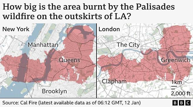 미국 뉴욕, 영국 런던과 LA 팰리세이즈 화재 크기를 비교한 그래픽