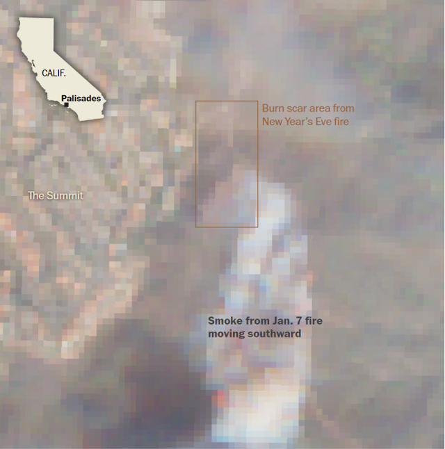 미국 캘리포니아주 팰리세이즈 산불 발화 후 20분이 흘렀을 때쯤 인공위성이 포착한 화재 지역의 사진. 갈색선 상자로 강조된 곳이 지난 1일 0시 래크먼 화재 발생 지역으로, 이 화재가 바람을 타고 남쪽으로 번져갔음을 확인할 수 있다. 미국 워싱턴포스트 홈페이지 캡처