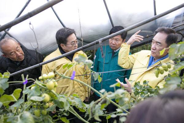 정장선 평택시장이 지난해 12월 폭설피해 현장에서 김동연 경기도지사와 홍기원 국회의원 등에게 피해현황을 공유하고 있다. 평택시 제공