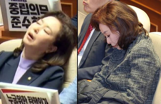 김민전 국민의힘 의원이 지난해 7월 국회 본회의장에서 ‘채상병 특별법’ 통과를 막기 위한 필리버스터 진행 도중 잠이 든 모습(좌, 국회의사중계시스템), 지난 9일 국회 긴급현안질문을 위한 본회의에서 잠이 든 모습(우, 뉴시스)