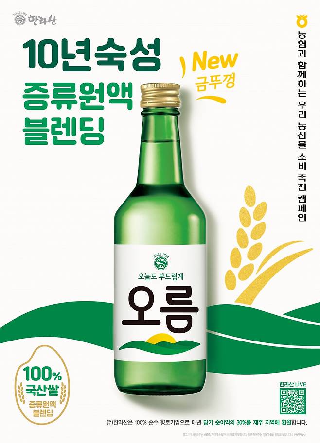 제주지역 향토기업인 (주)한라산이 선보인 증류소주 '오늘도 부드럽게 오름' 제품./(주)한라산