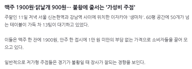 image.png 맥주 1900원·닭날개 900원… 불황에 줄서는 \'가성비 주점\'