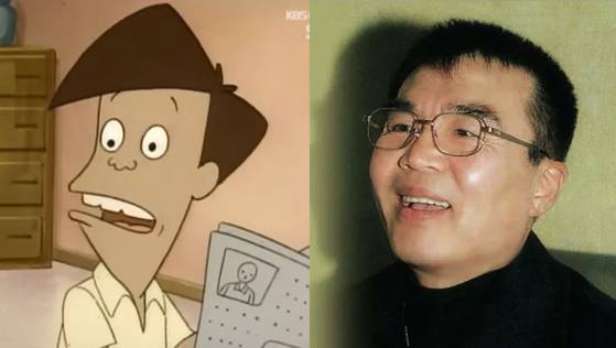 애니메이션 '아기공룡 둘리'에서 '고길동'(왼쪽) 역을 맡았던 성우 이재명(78)이 별세한 것으로 알려졌다. 사진 유튜브 '옛날티비:KBS Archive'·엑스 캡처