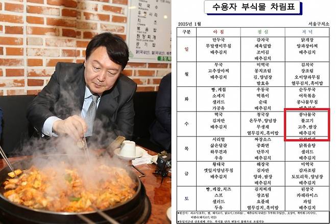 2021년 9월9일 당시 윤석열 국민의힘 대선 경선 후보가 강원도 춘천 닭갈비골목의 한 식당에서 국회의원들과의 오찬에서 닭갈비를 먹고 있다. 오른쪽은&nbsp;서울구치소 1월 식단표.&nbsp;뉴시스·사회관계망서비스(SNS) 캡처