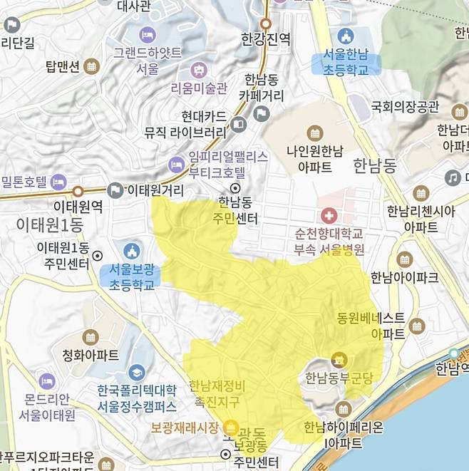 한남3구역 재건축 사업지와 인근 보광초등학교·한남초등학교 위치도. 조합은 사업지 내 초등학교가 신설되지 않을 경우 입주민이 배정될 한남초등학교까지 도보로 40~50분이 걸린다고 반발하고 있다. 사진=카카오맵 화면 갈무리