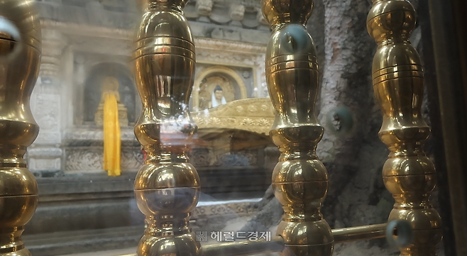 출입이 통제된 철제 난간 사이로 보이는 금강보좌 모습.