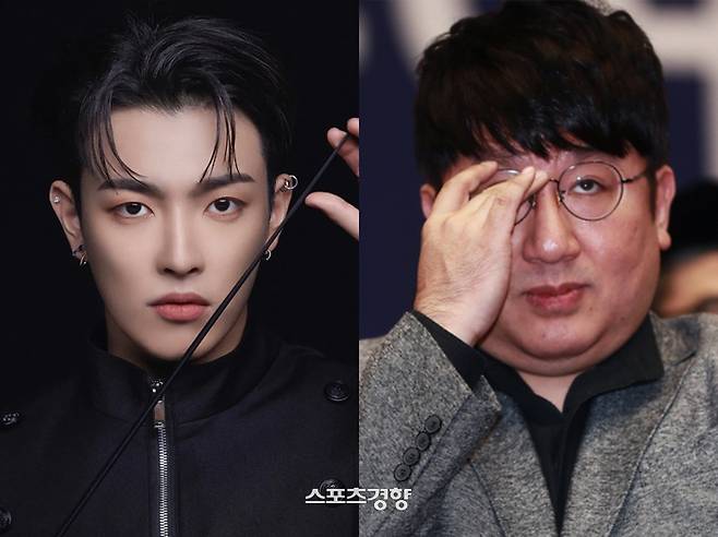에이티즈 멤버 홍중(왼쪽)과 방시혁 하이브 의장. 경향신문 자료사진