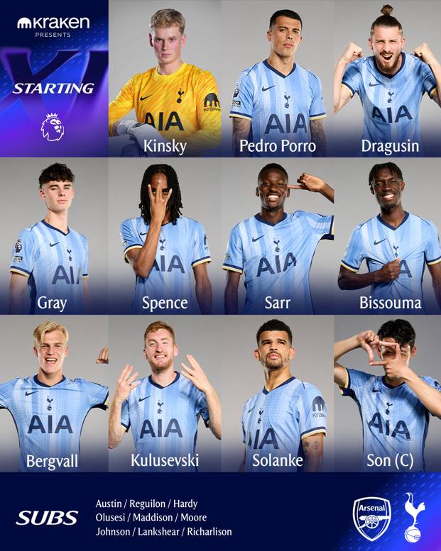 토트넘의 아스널전 선발 라인업. /사진=토트넘 공식 SNS