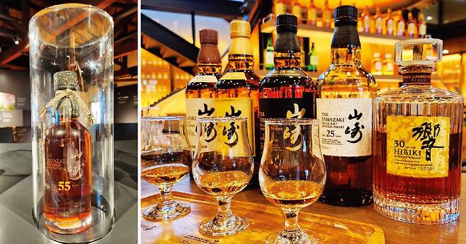 홍콩 경매에서 79만5000달러(약 11억6800만 원)에 낙찰된 산토리 ‘야마자키 55년’(왼쪽)과 산토리 고연산 위스키들. [명욱 제공]