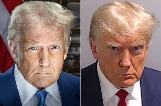 20일(현지시간) 두 번째 임기를 시작하는 도널드 트럼프 미국 대통령 당선인의 공식 대통령 사진(왼쪽)이 16일 공개된 가운데 이 사진의 표정이 2023년 트럼프의 머그샷(Mugshot·오른쪽)과 닮았다며 화제가 되고 있다. 트럼프·밴스 인수위, 풀턴 카운티 보안관 사무실