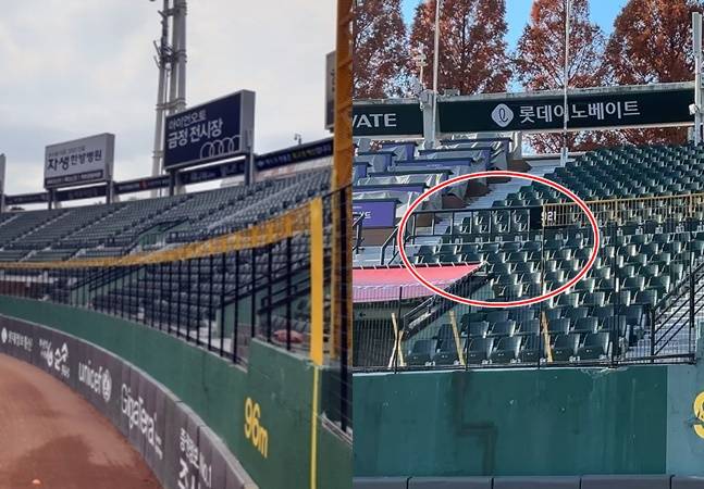 2022년(왼쪽)과 2024년의 부산 사직야구장 펜스 변화. 오른쪽 사진의 빨간 원 안의 보조 펜스 높이가 낮아진 것을 확인할 수 있다. /사진=스타뉴스, 롯데 자이언츠 제공