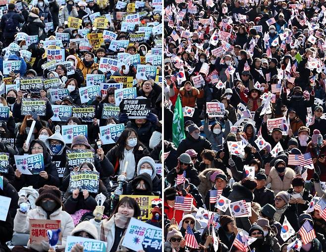 2025년 첫 주말인 4일 오후 서울 도심 광화문 일대에서는 윤석열 대통령 탄핵을 촉구하거나 반대하는 대규모 집회가 열렸다.  /사진=뉴스1