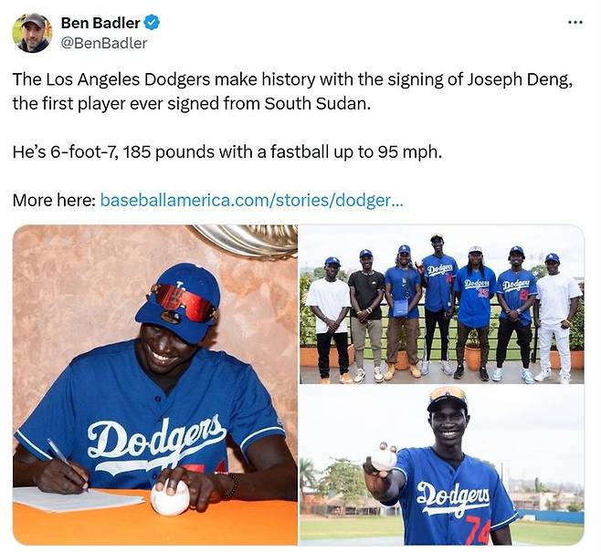 LA 다저스가 남수단 출신 투수 조지프 덩과 계약했다. (사진=벤 베들러 기자 X 캡처) *재판매 및 DB 금지