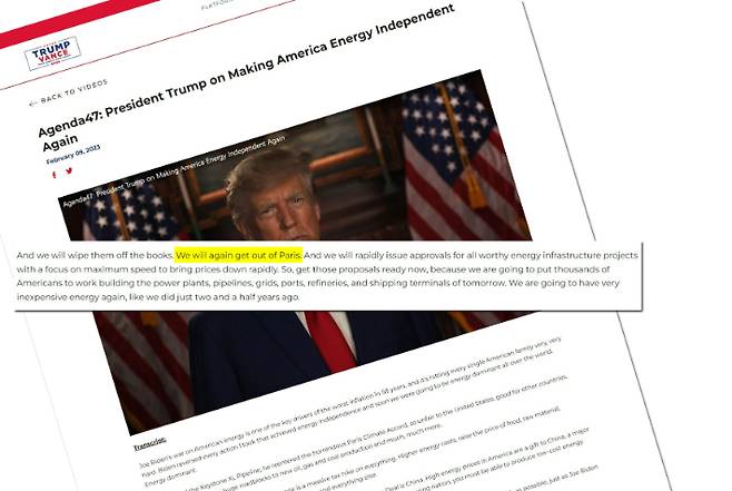 파리기후협약을 다시 탈퇴하겠다고 선언한 트럼프 연설문. donaldjtrump.com 캡처