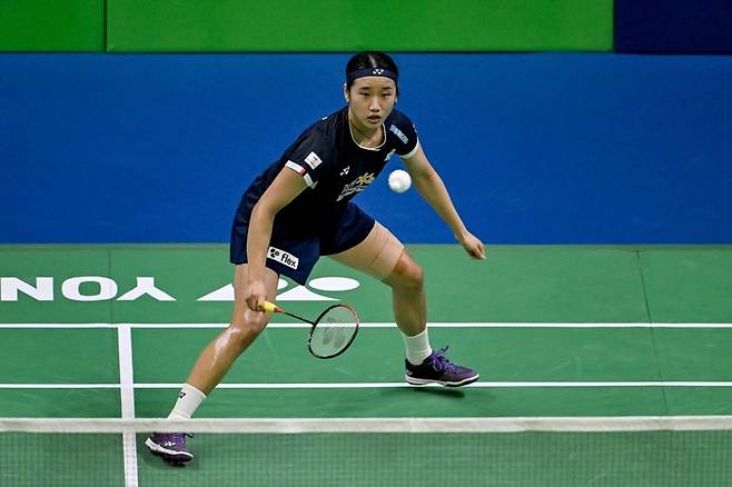 안세영이 18일 열린 인도오픈 준결승에서 툰중의 공격을 받아내고 있다. AFP연합뉴스