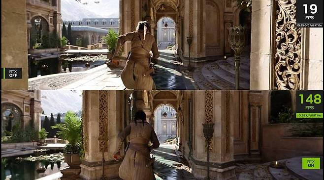 엔비디아가 50시리즈와 공개한 테크데모 19프레임이 148프레임으로 늘었다.