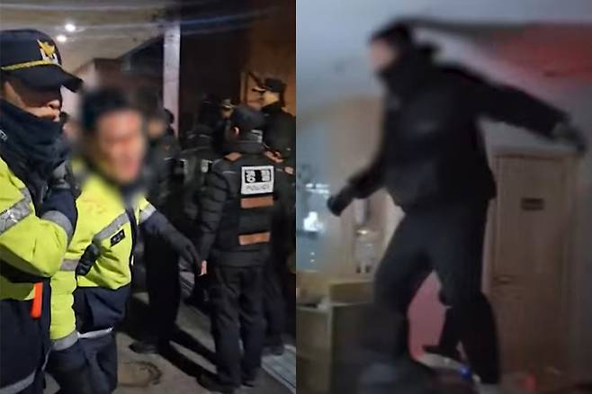 지난 19일 새벽 윤석열 대통령 구속영장 발부 뒤 윤 대통령 지지자들의 서울서부지법 난입을 막던 경찰 한 명이 얼굴이 피투성이가 된 채 동료들의 부축을 받아 나오는 모습. 오른쪽은 서부지법 경내에서 기물을 훼손하는 시위대 모습. SBS 보도화면 캡처