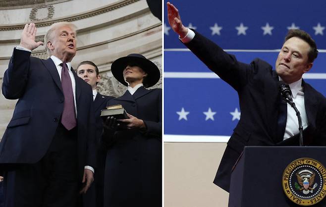도널드 트럼프 미국 대통령이 20일(현지시간) 부인 멜라니아 여사가 받쳐든 두 권의 성경책을 앞에 두고 취임 선서를 하고 있다(왼쪽 사진). 일론 머스크 테슬라 최고경영자가 이날 워싱턴에서 열린 트럼프 취임 축하 행사 연설 도중 나치식 인사를 연상시키는 동작을 취하고 있다. UPI·로이터연합뉴스