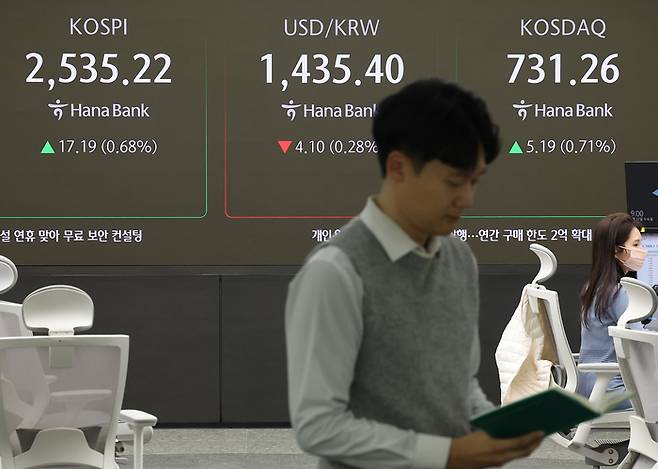 22일 오전 서울 중구 하나은행 본점 딜링룸 현황판에 코스피와 코스닥 지수가 표시돼 있다. [사진 = 연합뉴스]