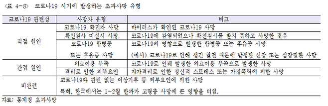 코로나19 시기에 발생한 초과사망 유형. 백서 갈무리