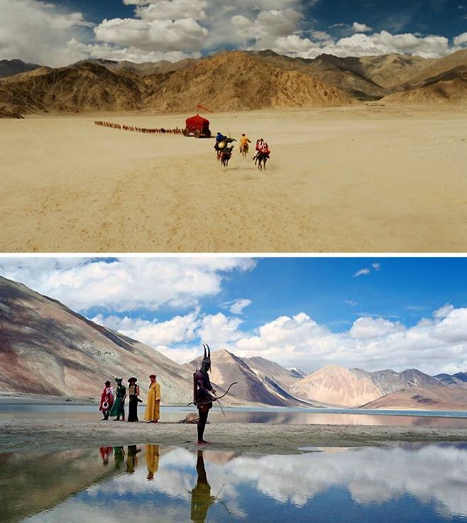 영화 '더 폴: 디렉터스 컷' 촬영 장소. [위] 인도 라다크 레 람비르 포르 평원 / 사진출처. 네이버영화, [아래] 히말라야 판공 호수 / 사진출처. © IMDb